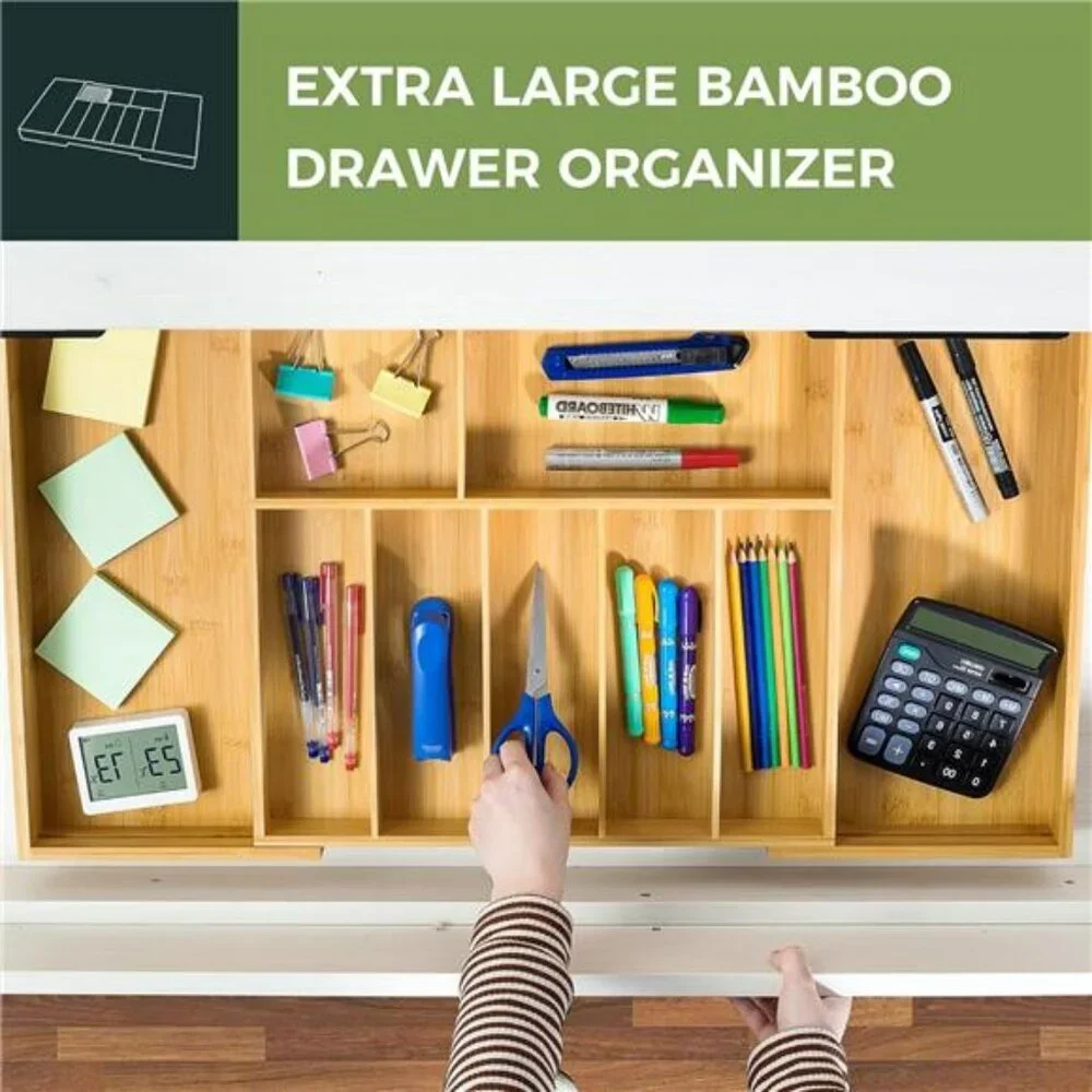 Extra large bamboo silverware drawer organizer expandable utensil cutlery holder